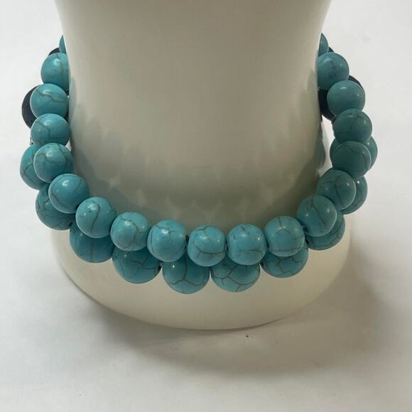 Set of two stretch bracelets beaded turquoise colored blue charcoal gray stones - Picture 4 of 7
